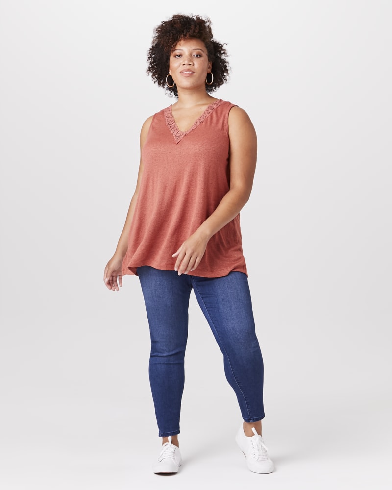 Plus size model with apple body shape wearing Carly Crochet Trim Tank by Downing Studio | Dia&Co | dia_product_style_image_id:143786